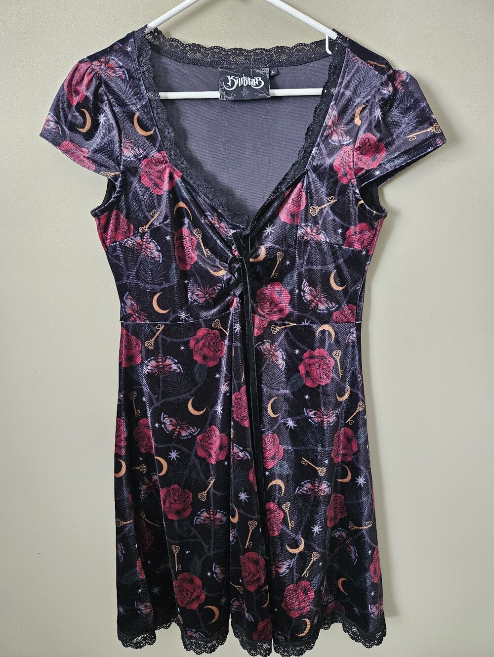 Killstar Morgaine Velvet Dress Whimsical Moth Rose Key Print Lace Trim Wmns L